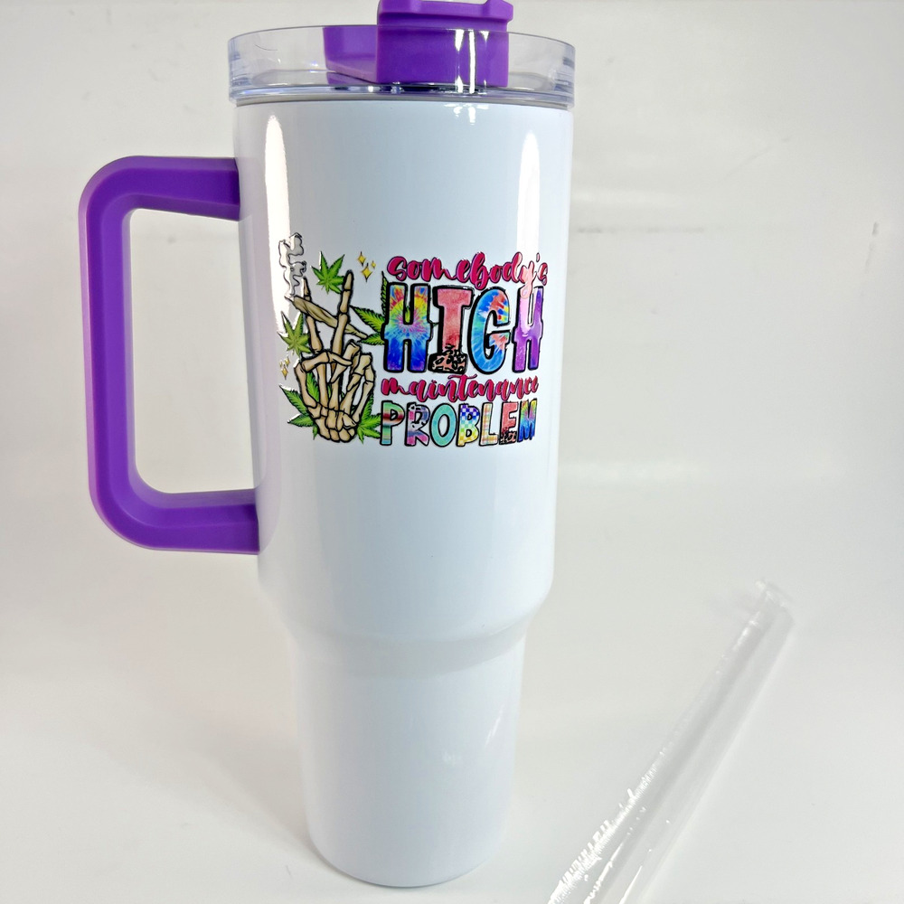 30oz Insulated Tumbler White Purple Handle Travel Mug Straw Cup